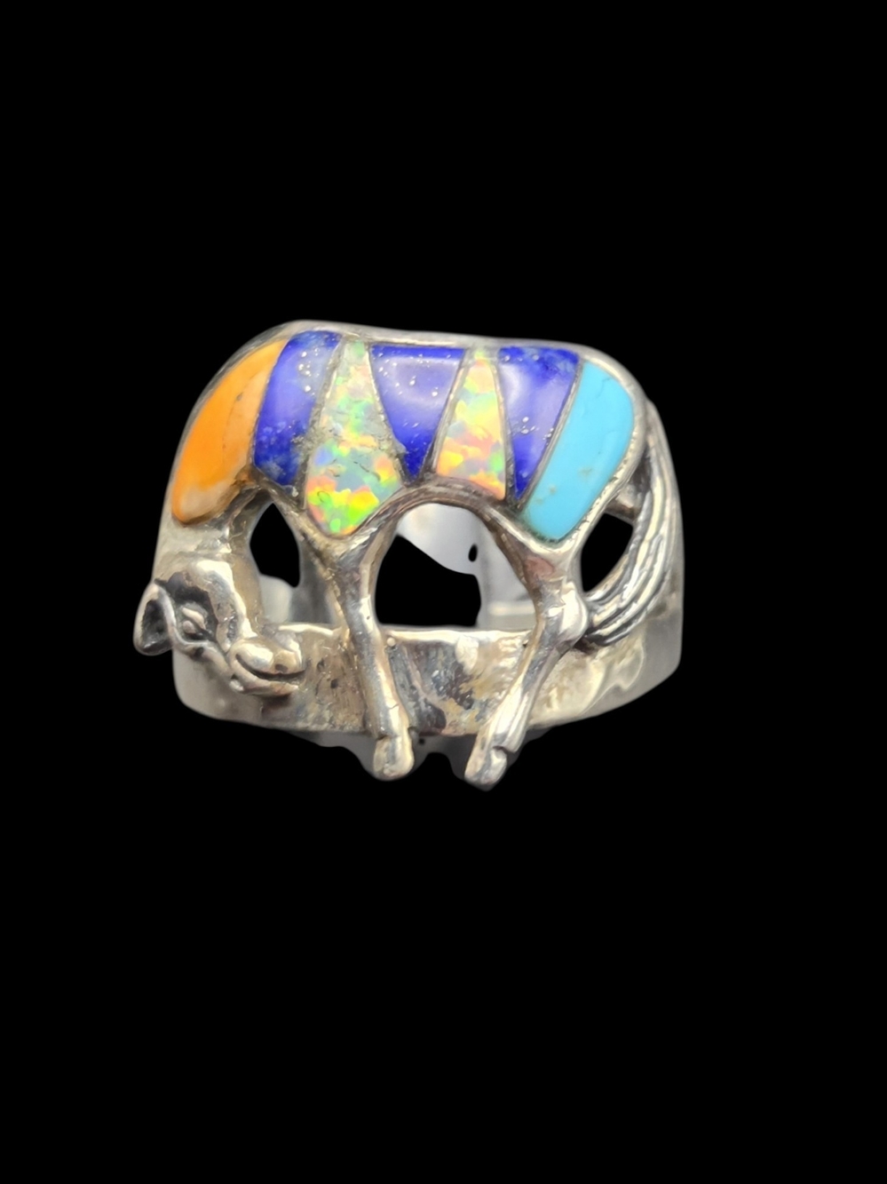 Sterling Silver Multi-Color Opal Inlay Horsr Ring - Blue/Orange/Turquoise 7